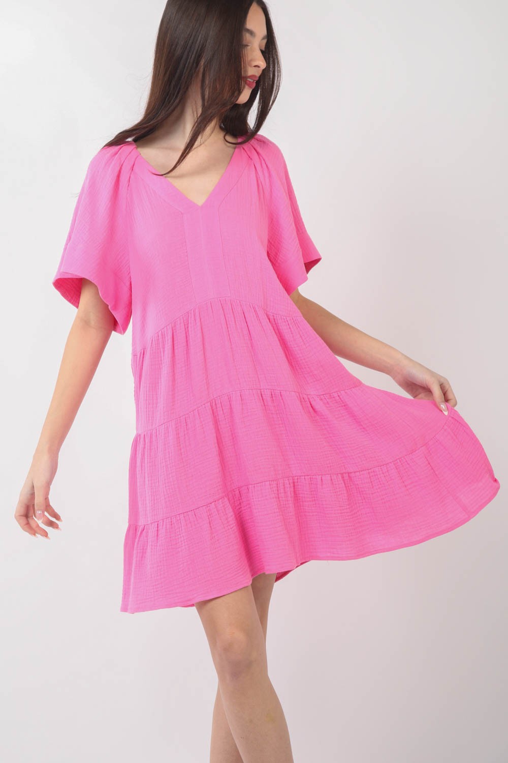 VERY J Texture V-Neck Ruffled Tiered Dress - AllIn Computer
