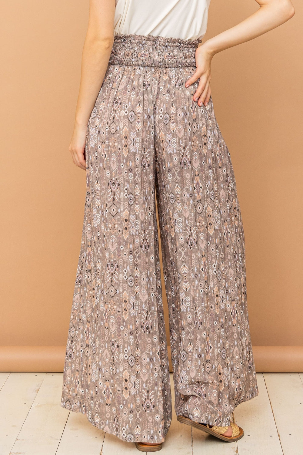 And The Why Printed Smocked Waist Slit Wide Leg Pants - AllIn Computer
