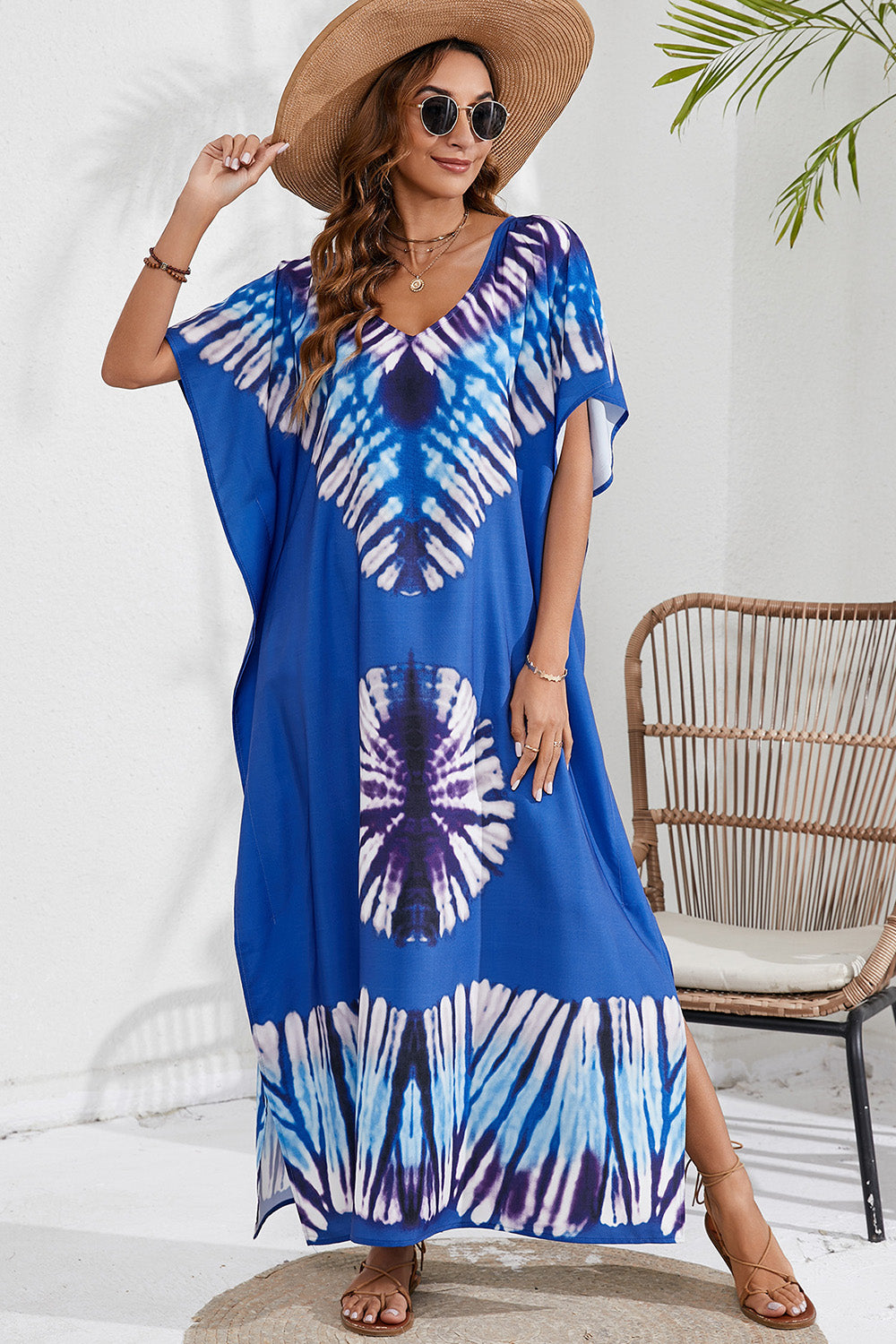 Slit Printed V-Neck Short Sleeve Cover Up - AllIn Computer