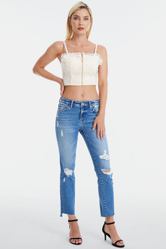 BAYEAS Full Size Mid Waist Distressed Ripped Straight Jeans - AllIn Computer