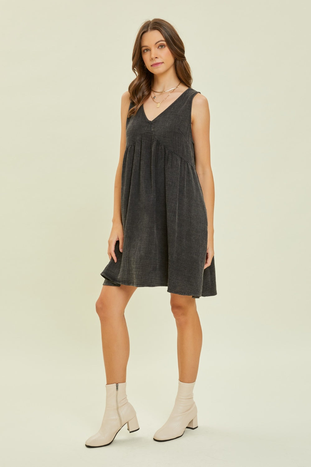 HEYSON Full Size Texture V-Neck Sleeveless Flare Mini Dress - AllIn Computer