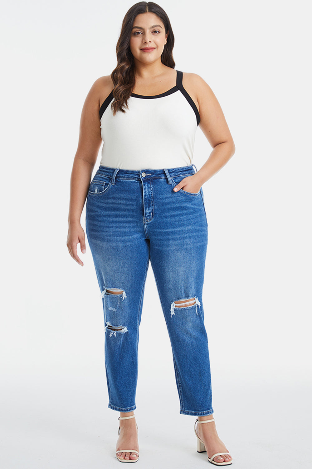 BAYEAS Full Size Distressed High Waist Mom Jeans - AllIn Computer