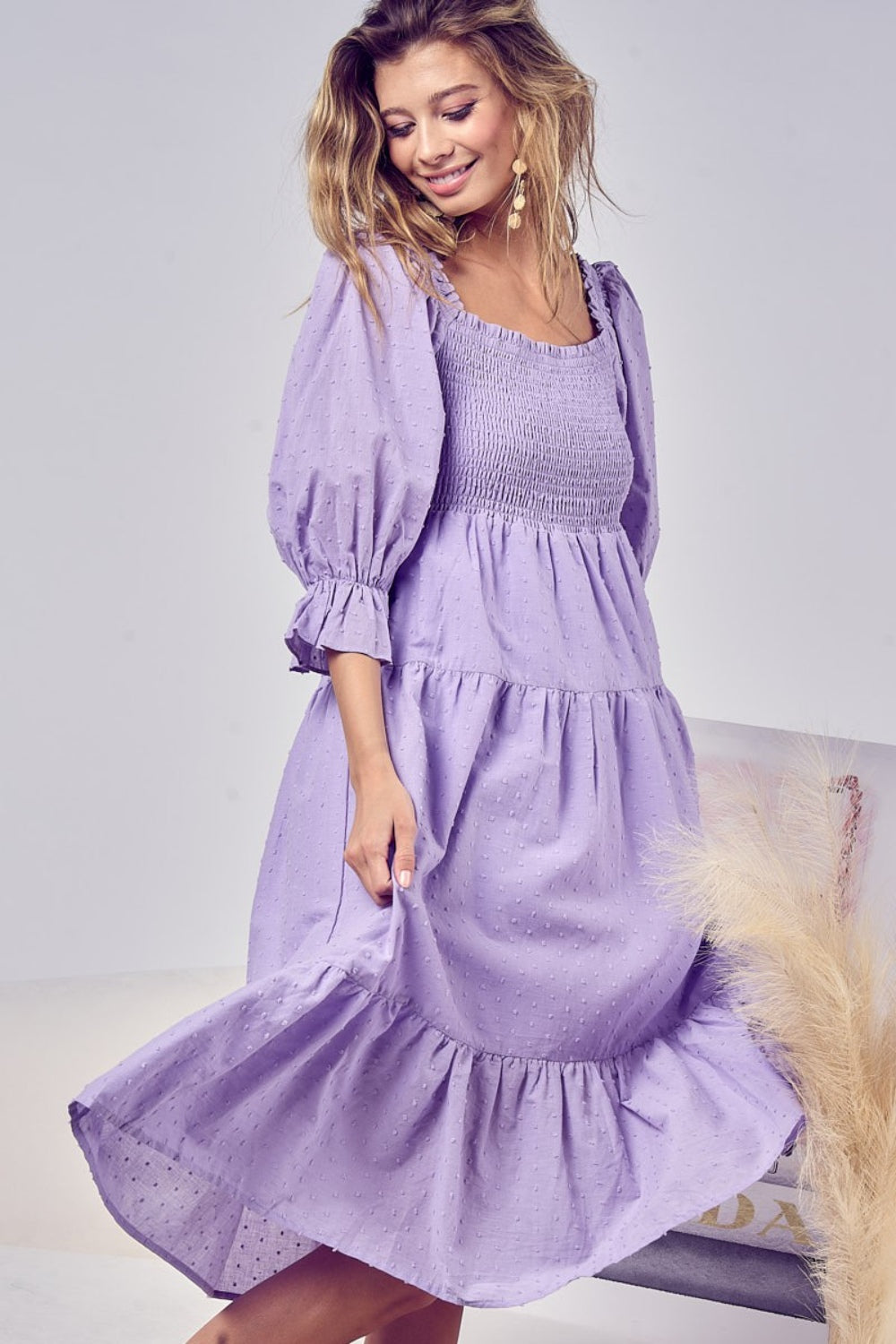 BiBi Swiss Dot Flounce Sleeve Smocked Tiered Midi Dress - AllIn Computer