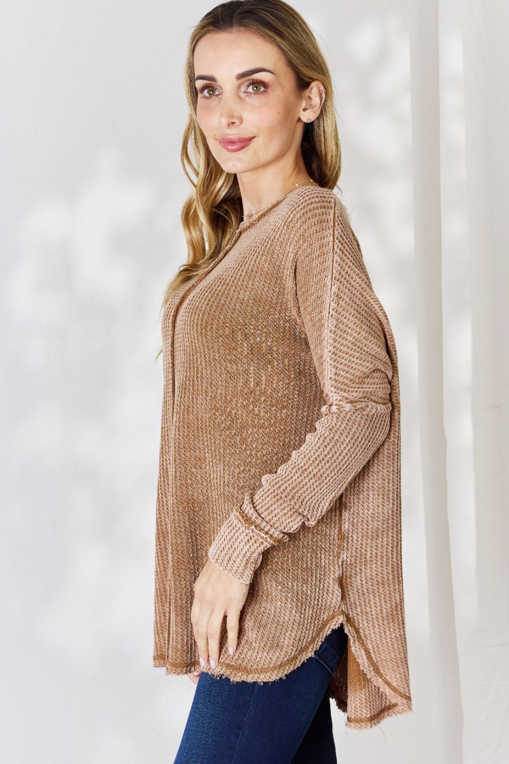 Zenana Oversized Washed Waffle Long Sleeve Top - AllIn Computer
