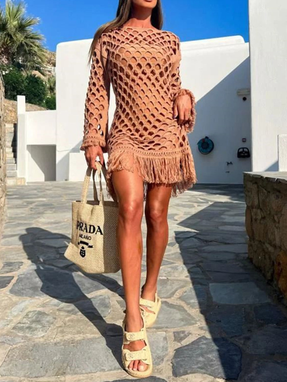 Fringe Cutout Long Sleeve Cover Up - AllIn Computer