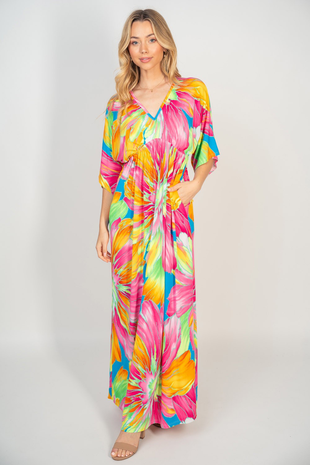 White Birch Printed V-Neck Maxi Dress with Pockets - AllIn Computer