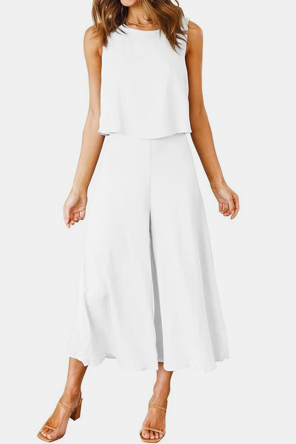 Round Neck Top and Wide Leg Pants Set - AllIn Computer