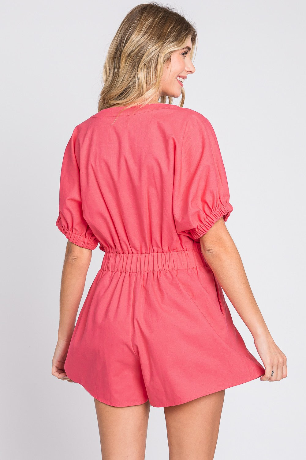 GeeGee Half Button V-Neck Linen Romper - AllIn Computer