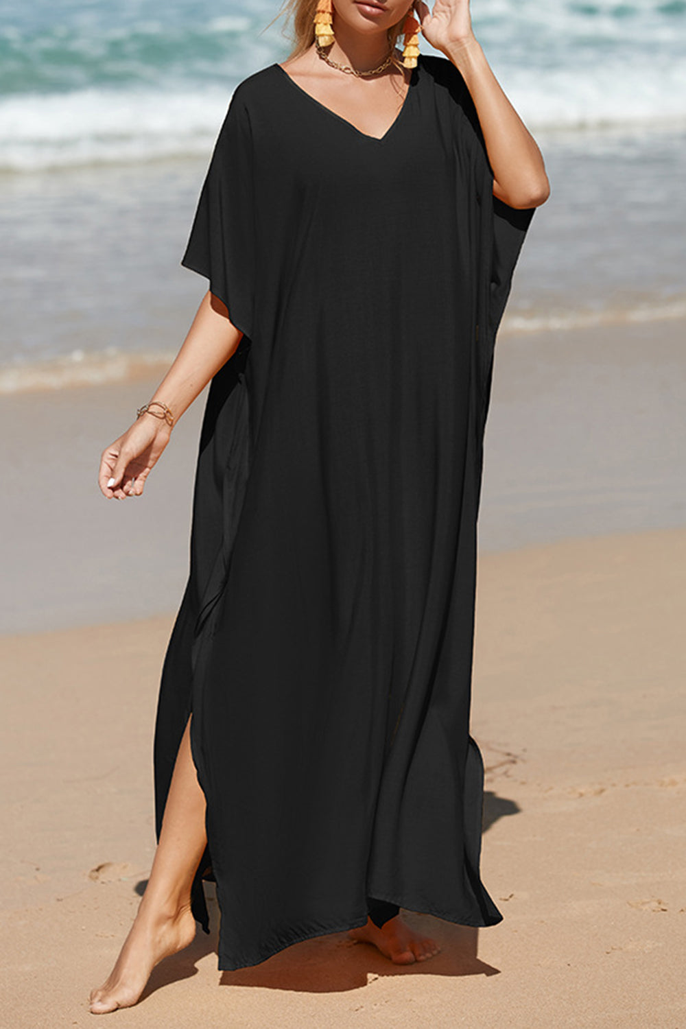 Slit V-Neck Half Sleeve Cover-Up - AllIn Computer
