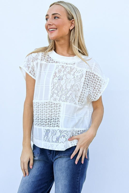 And The Why Lace Patchwork Short Sleeve Top and Cami Set - AllIn Computer