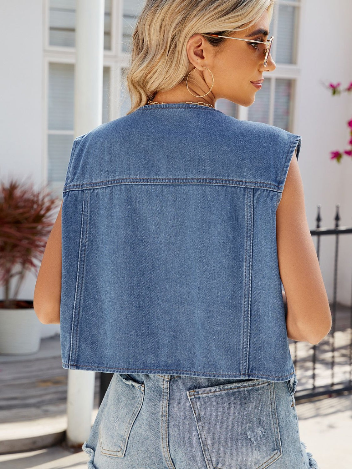 Pocketed Button Up Sleeveless Denim Jacket - AllIn Computer