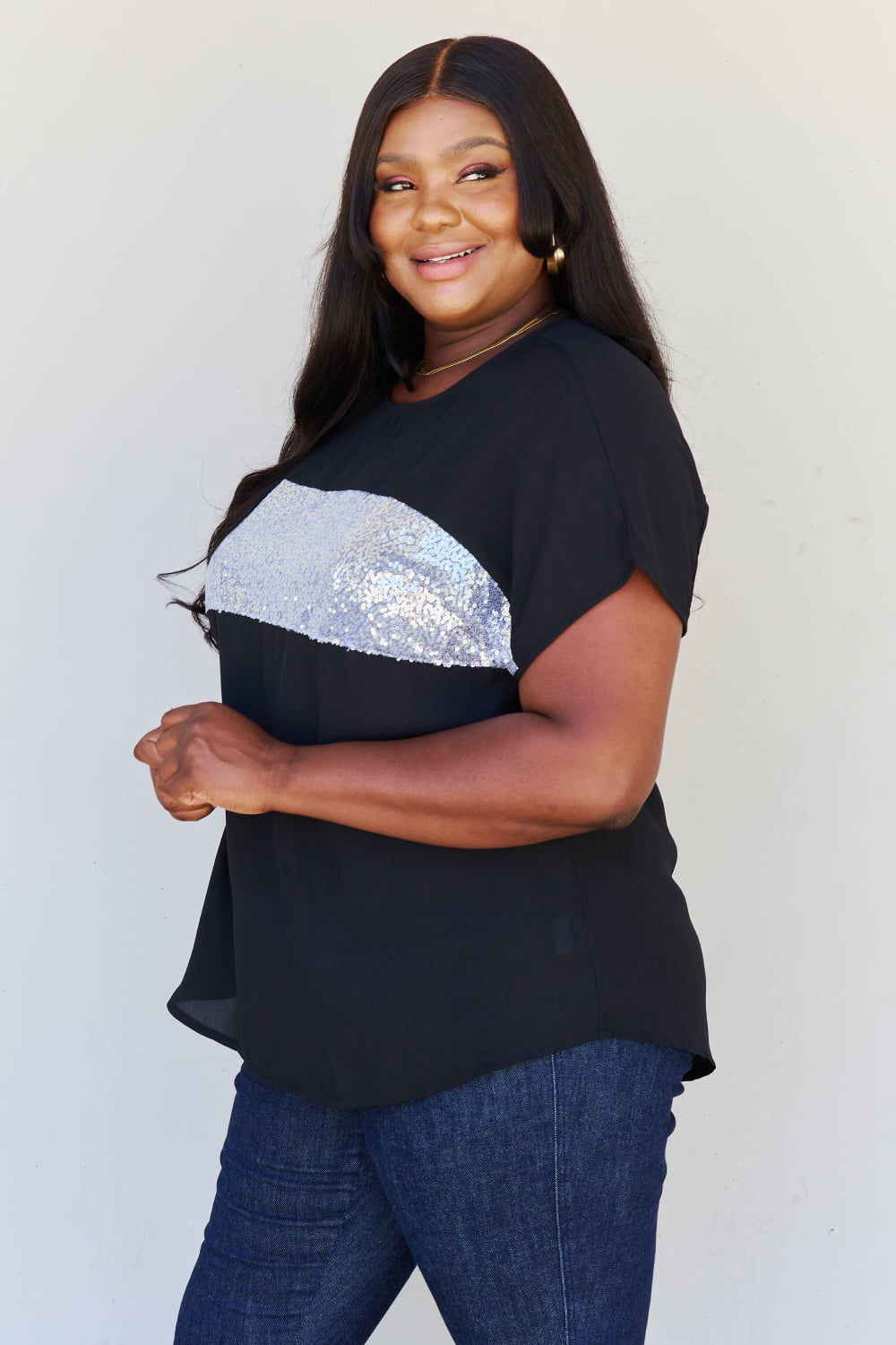 Sew In Love Shine Bright Full Size Center Mesh Sequin Top in Black/Silver - AllIn Computer