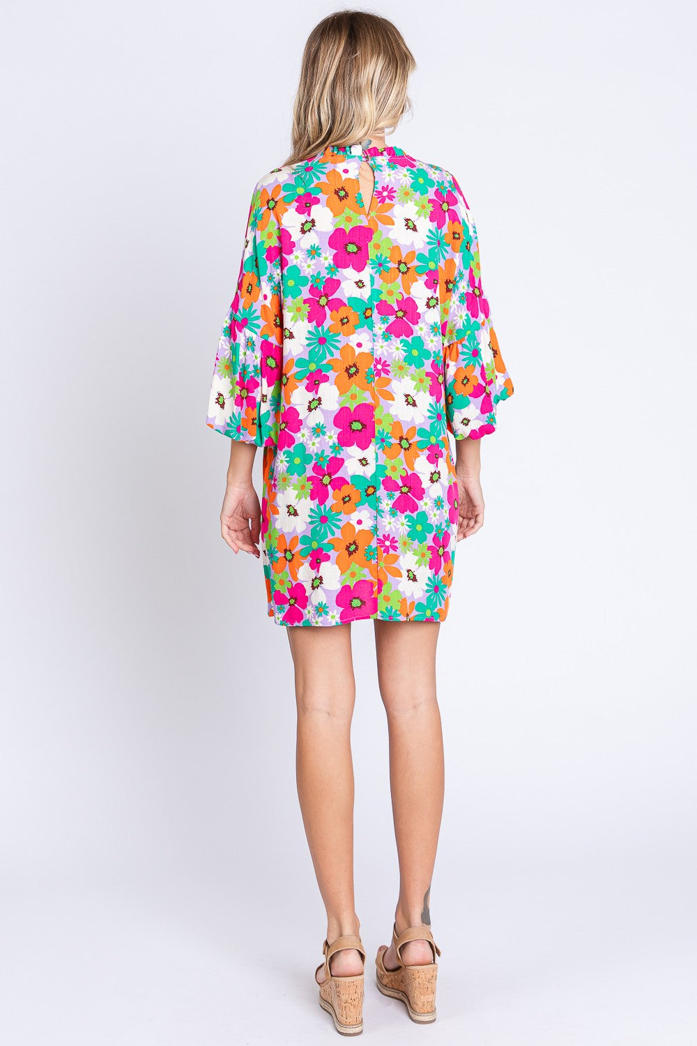 GeeGee Full Size Floral Round Neck Lantern Sleeve Mini Dress - AllIn Computer