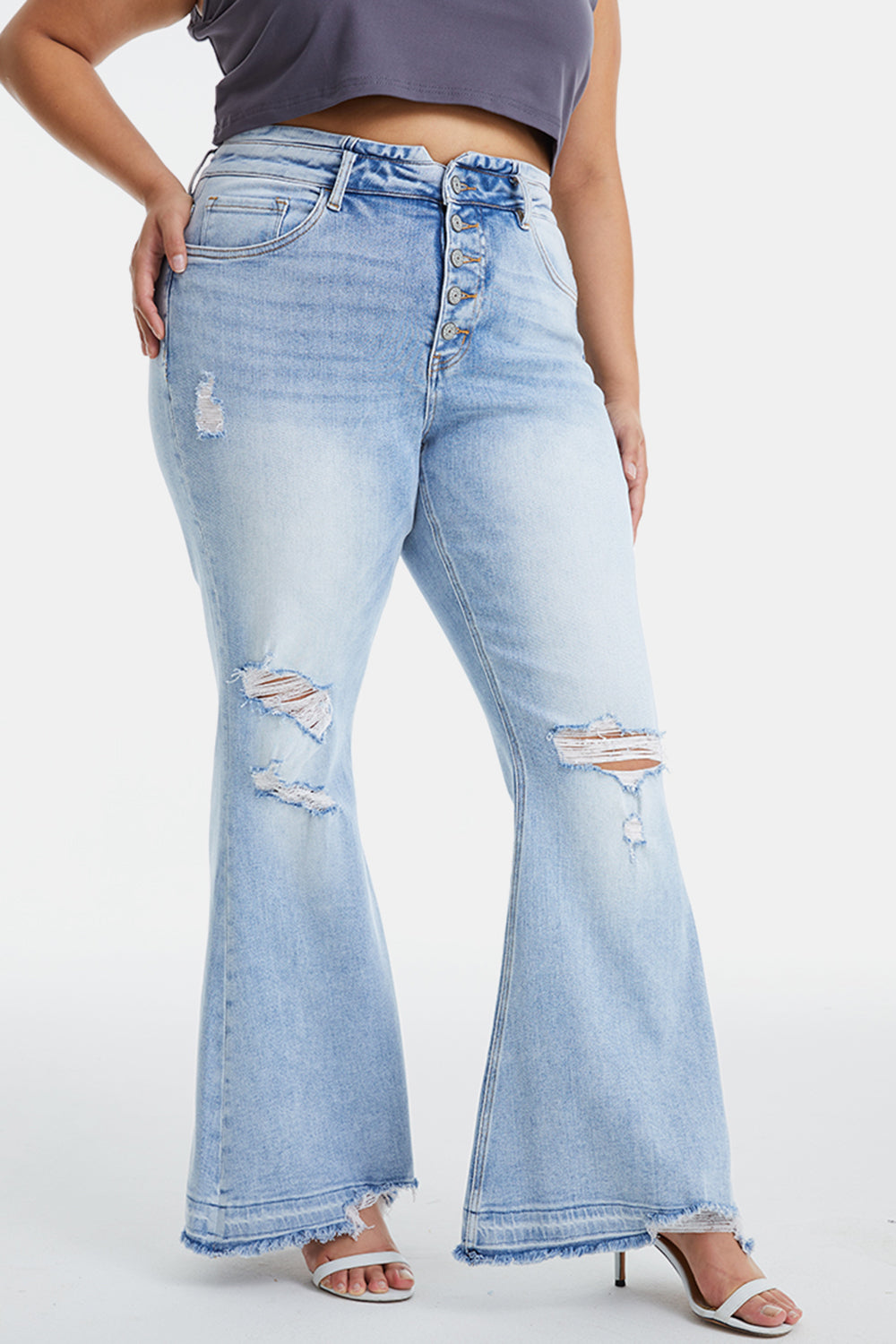 BAYEAS Full Size Distressed Raw Hem High Waist Flare Jeans - AllIn Computer