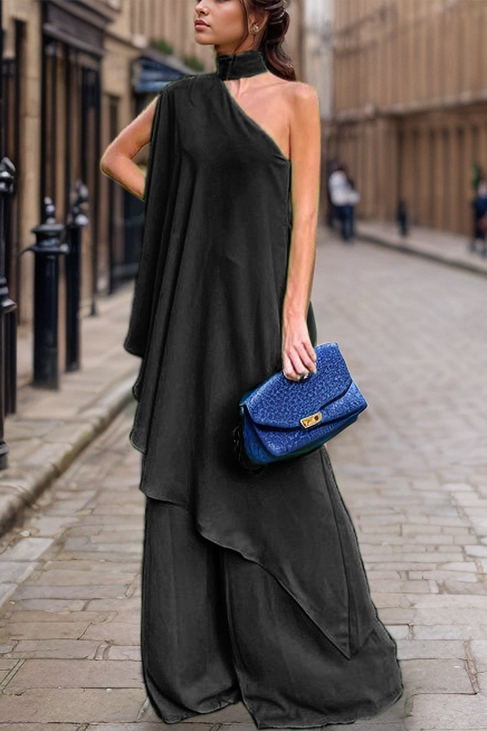 Mock Neck Single Shoulder Top and Pants Set - AllIn Computer