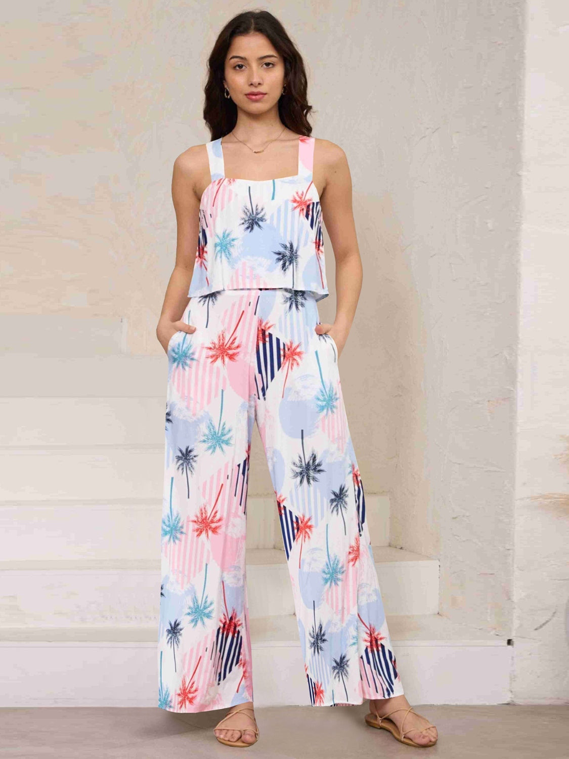 Printed Wide Strap Top and Pants Set - AllIn Computer
