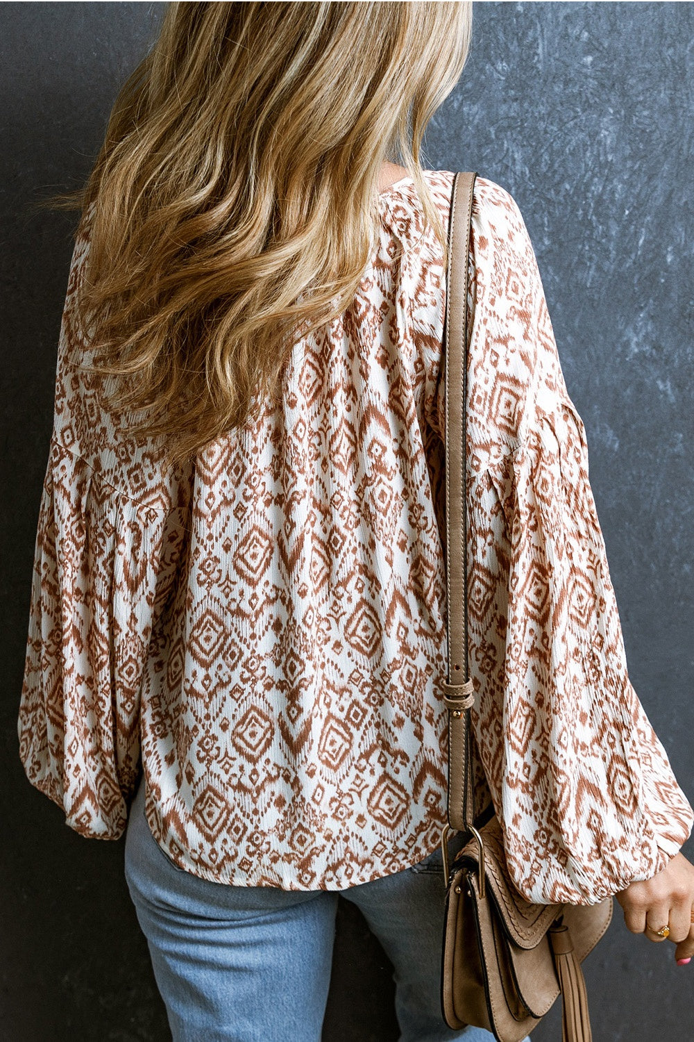 Printed Tie Neck Balloon Sleeve Blouse - AllIn Computer