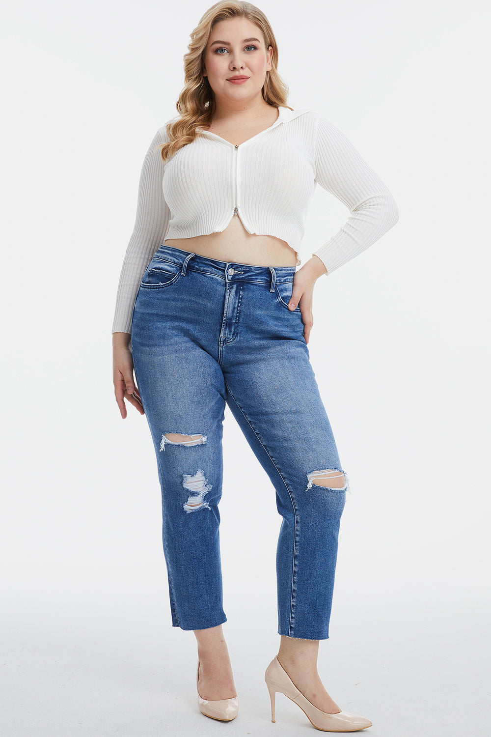 BAYEAS Full Size High Waist Distressed Cat's Whiskers Straight Jeans - AllIn Computer
