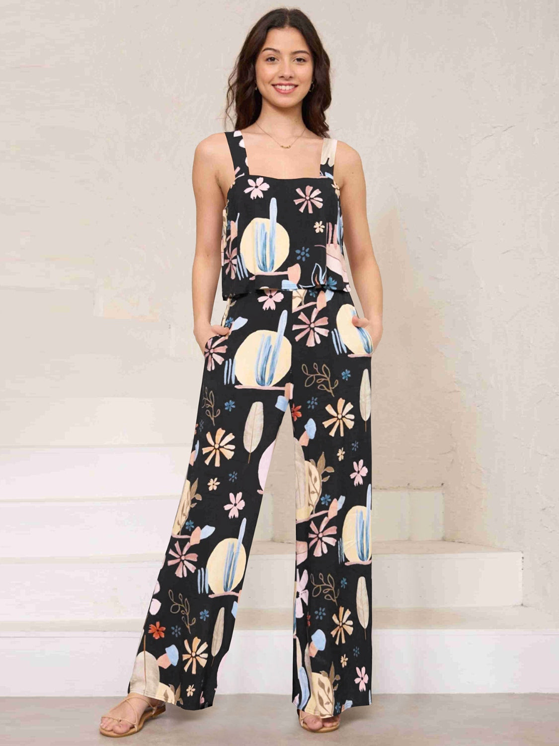 Printed Wide Strap Top and Pants Set - AllIn Computer