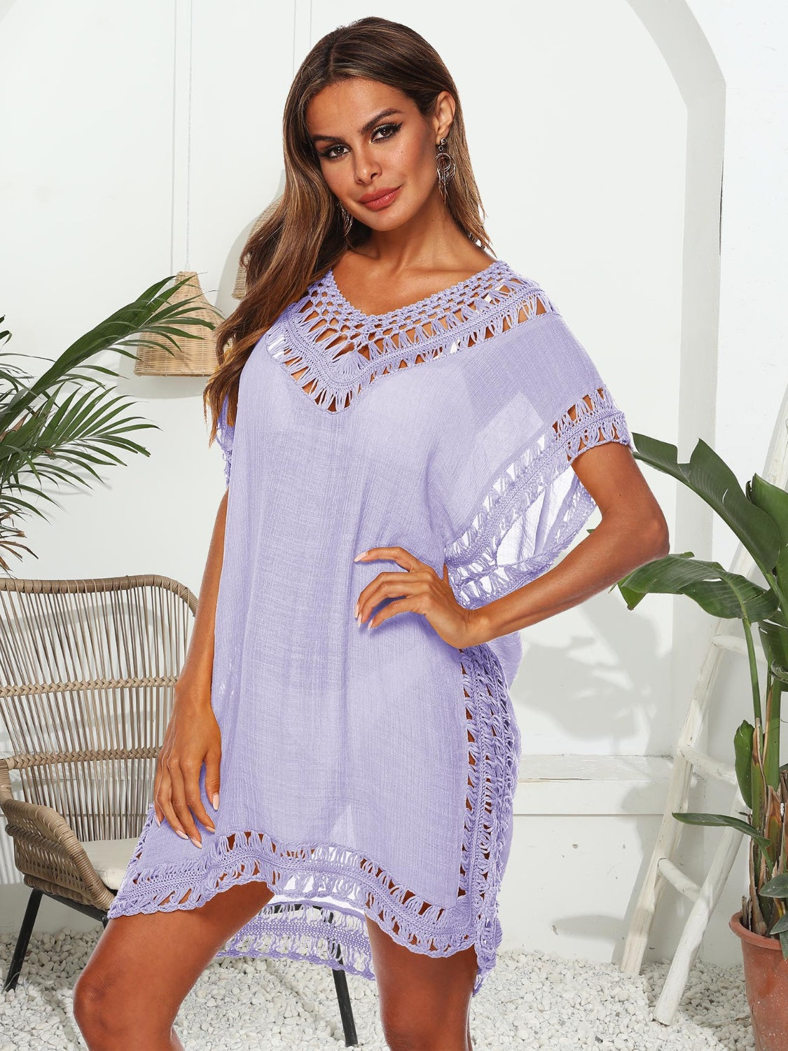 Cutout V-Neck Short Sleeve Cover-Up - AllIn Computer