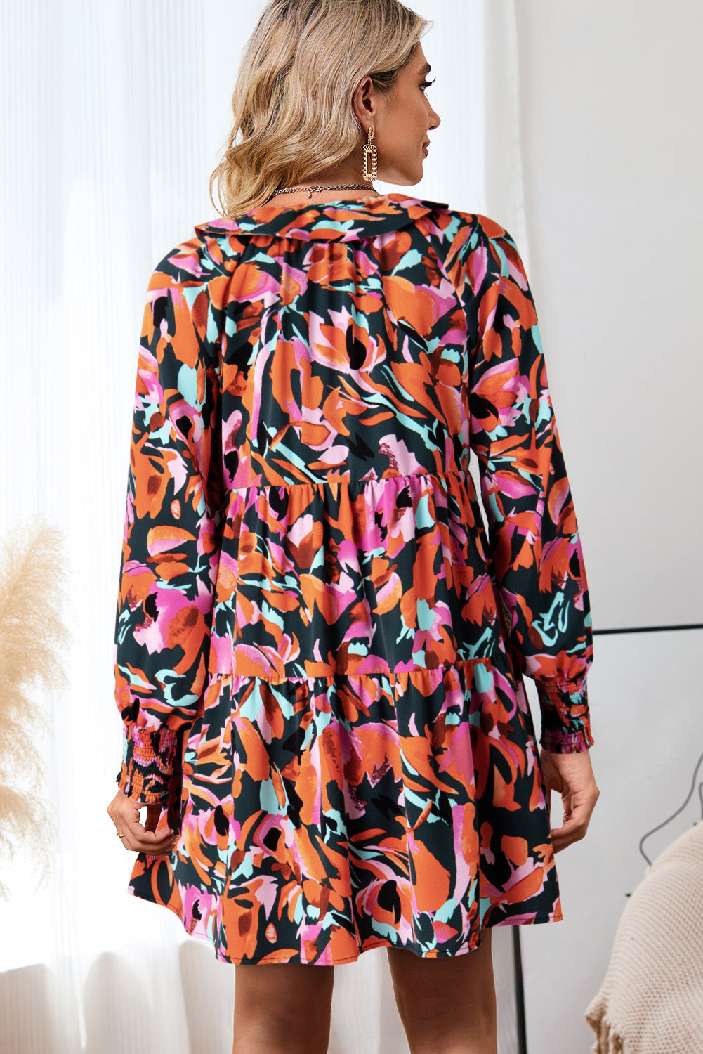 Printed Tie Neck Lantern Sleeve Mini Dress - AllIn Computer