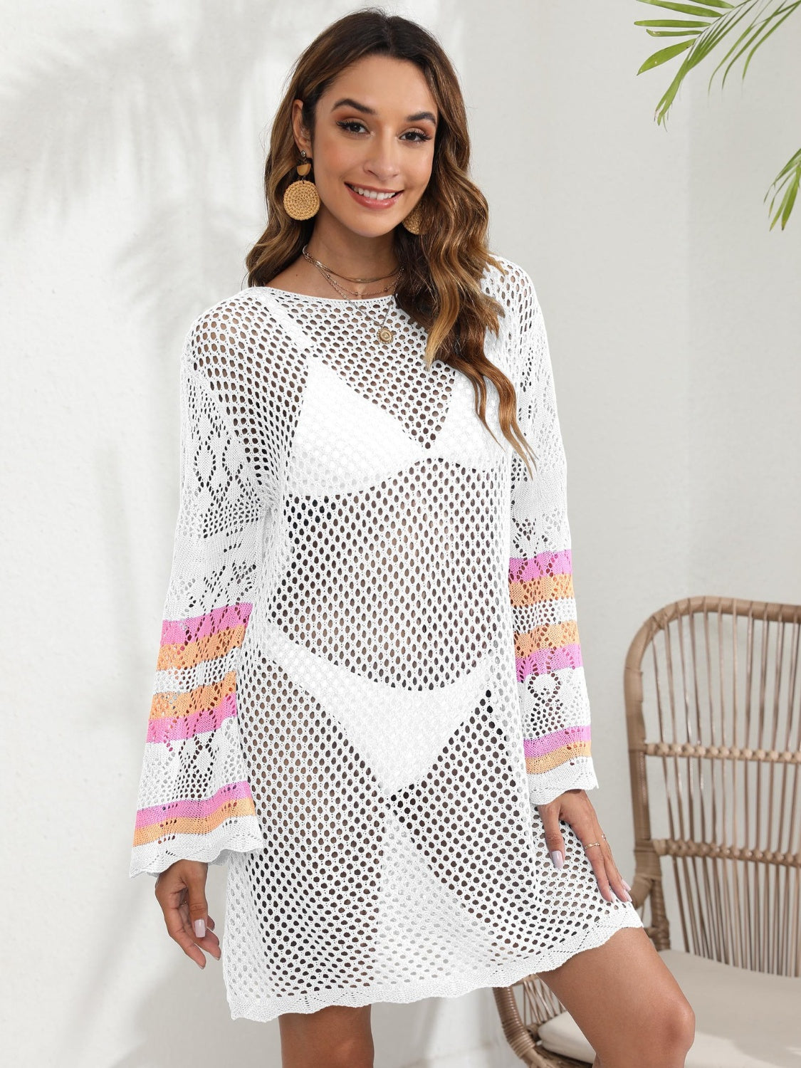 Openwork Contrast Long Sleeve Cover-Up - AllIn Computer