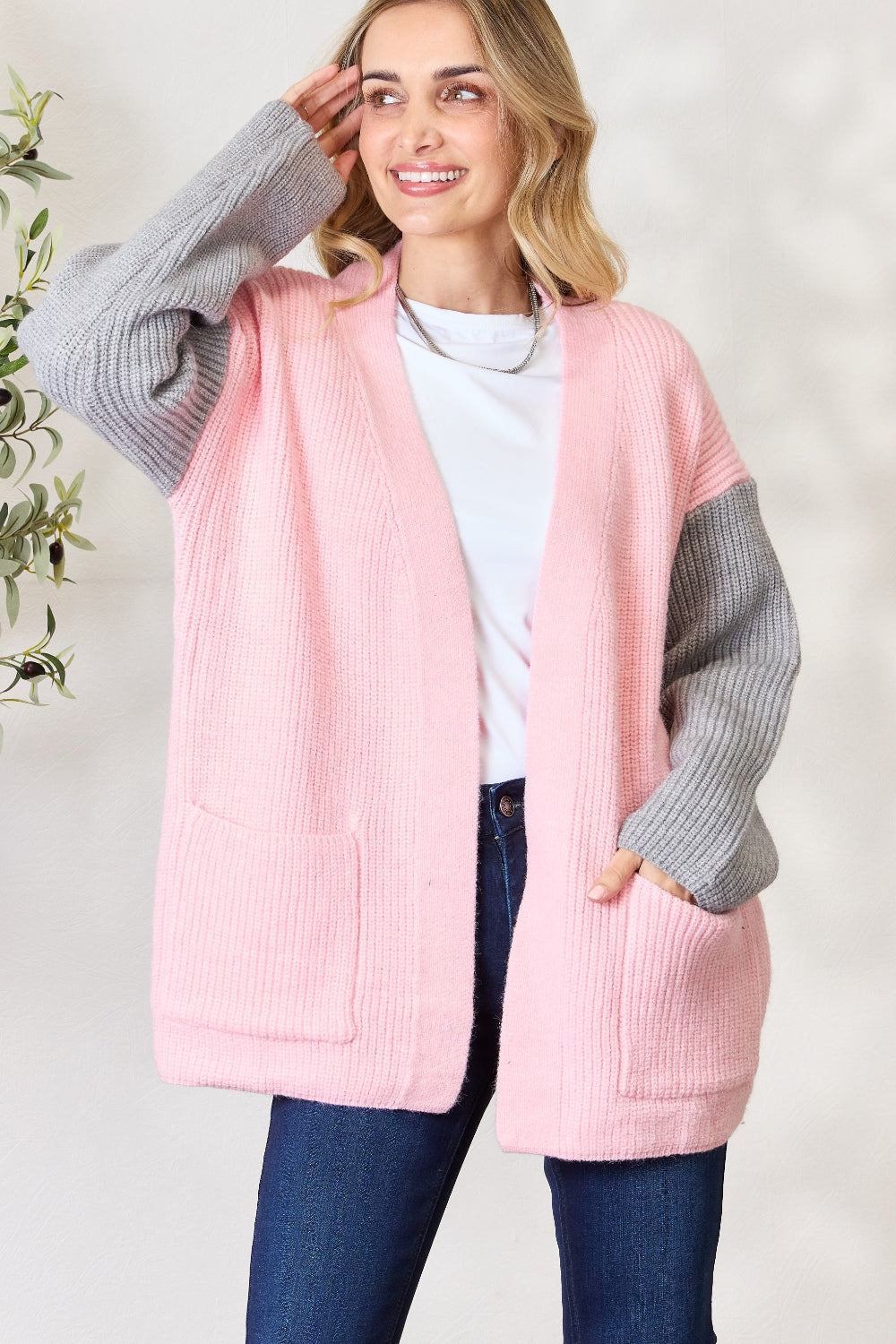 BiBi Contrast Open Front Cardigan with Pockets - AllIn Computer