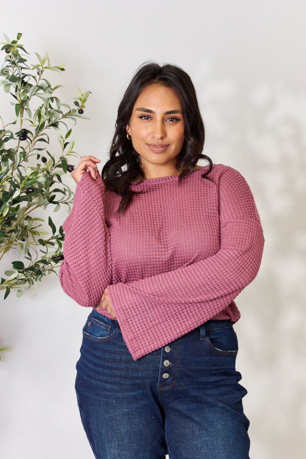 Culture Code Full Size Waffle-Knit Round Neck Long Sleeve Blouse - AllIn Computer