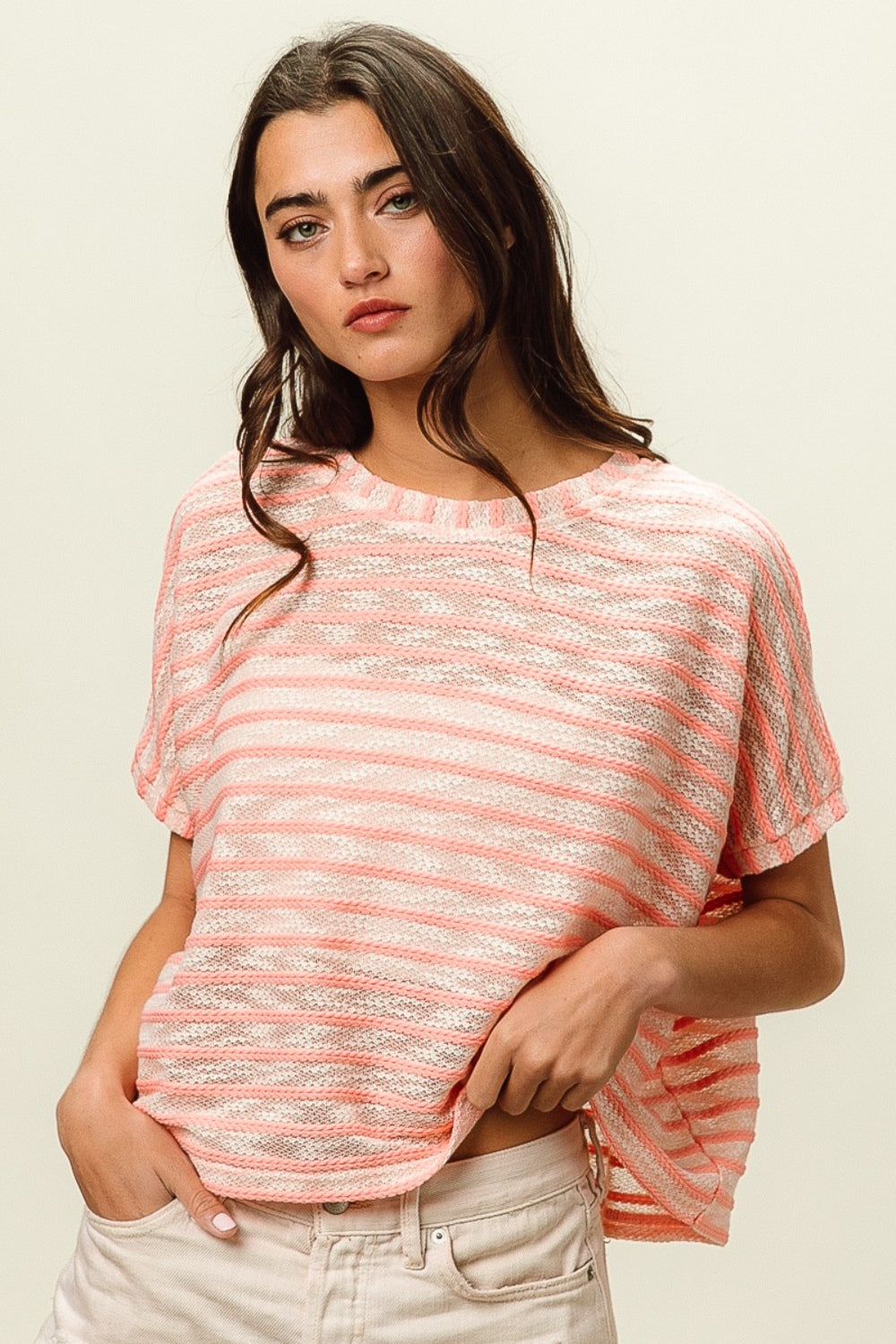 BiBi Braid Striped Short Sleeve Round Neck T-Shirt - AllIn Computer