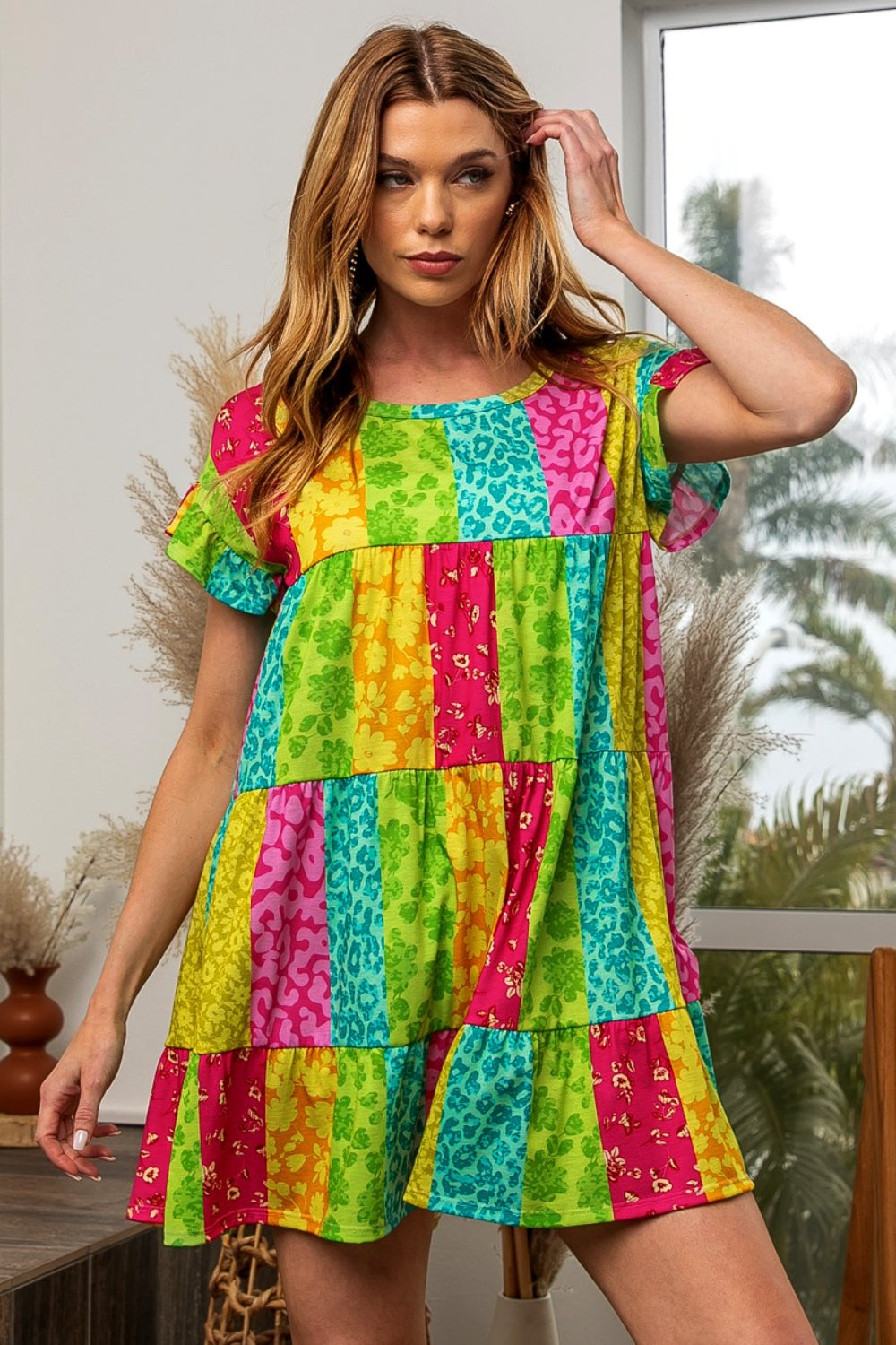 BiBi Leopard Short Sleeve Tiered Dress - AllIn Computer