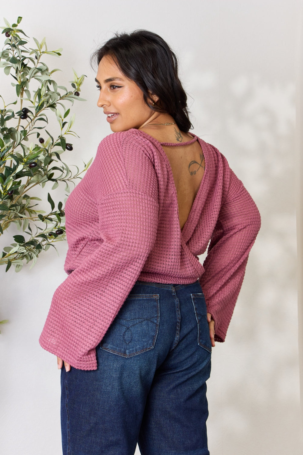 Culture Code Full Size Waffle-Knit Round Neck Long Sleeve Blouse - AllIn Computer