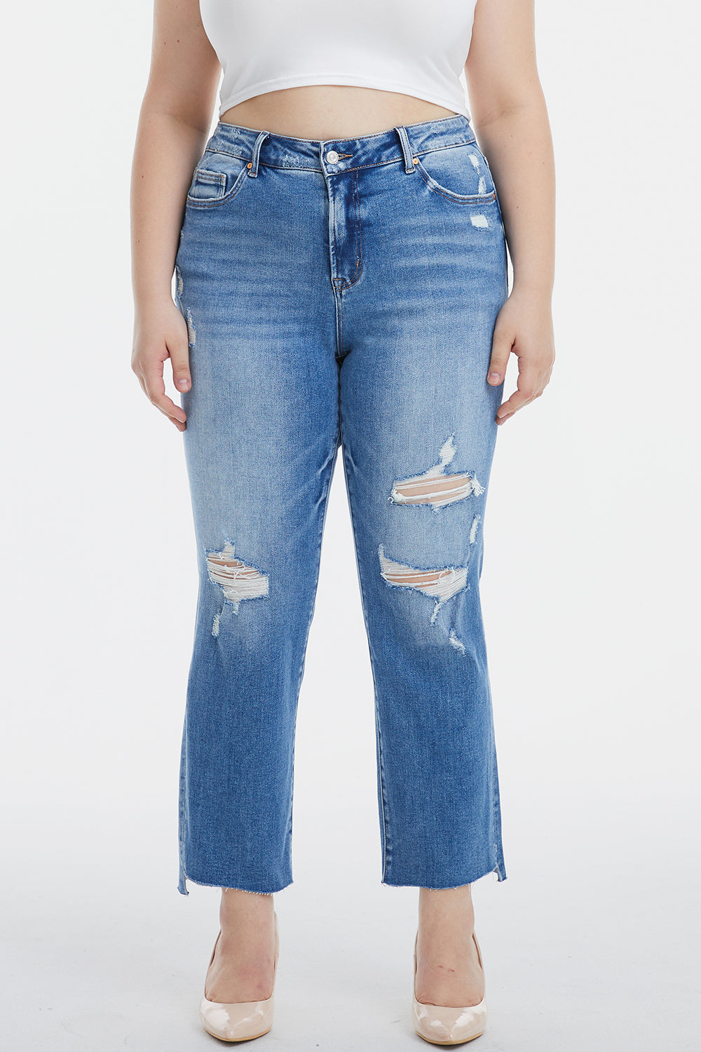 BAYEAS Full Size Mid Waist Distressed Ripped Straight Jeans - AllIn Computer