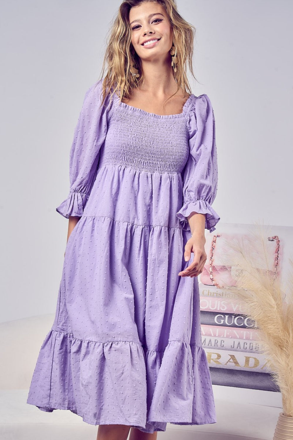 BiBi Swiss Dot Flounce Sleeve Smocked Tiered Midi Dress - AllIn Computer