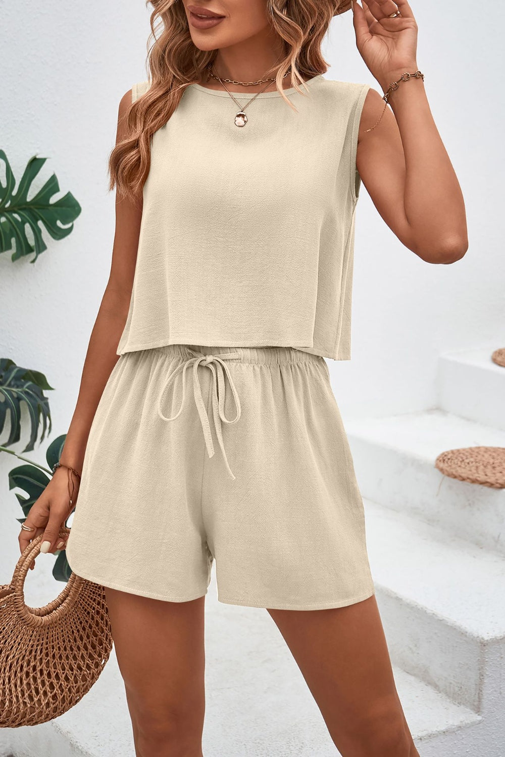Round Neck Top and Drawstring Shorts Set - AllIn Computer