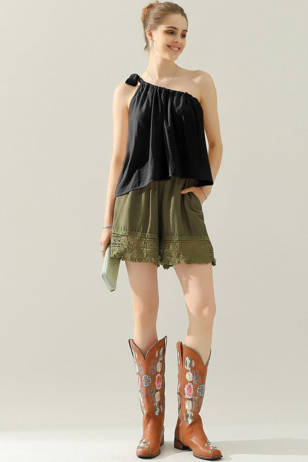 Ninexis One Shoulder Bow Tie Strap Satin Silk Top - AllIn Computer