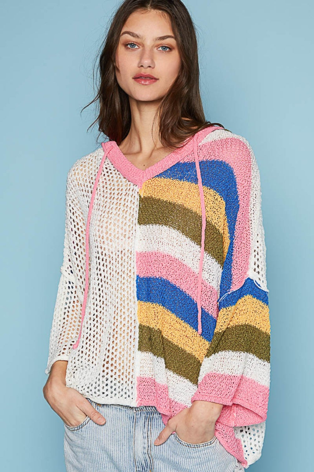 POL Openwork Drawstring Color Block Hooded Knit Top - AllIn Computer