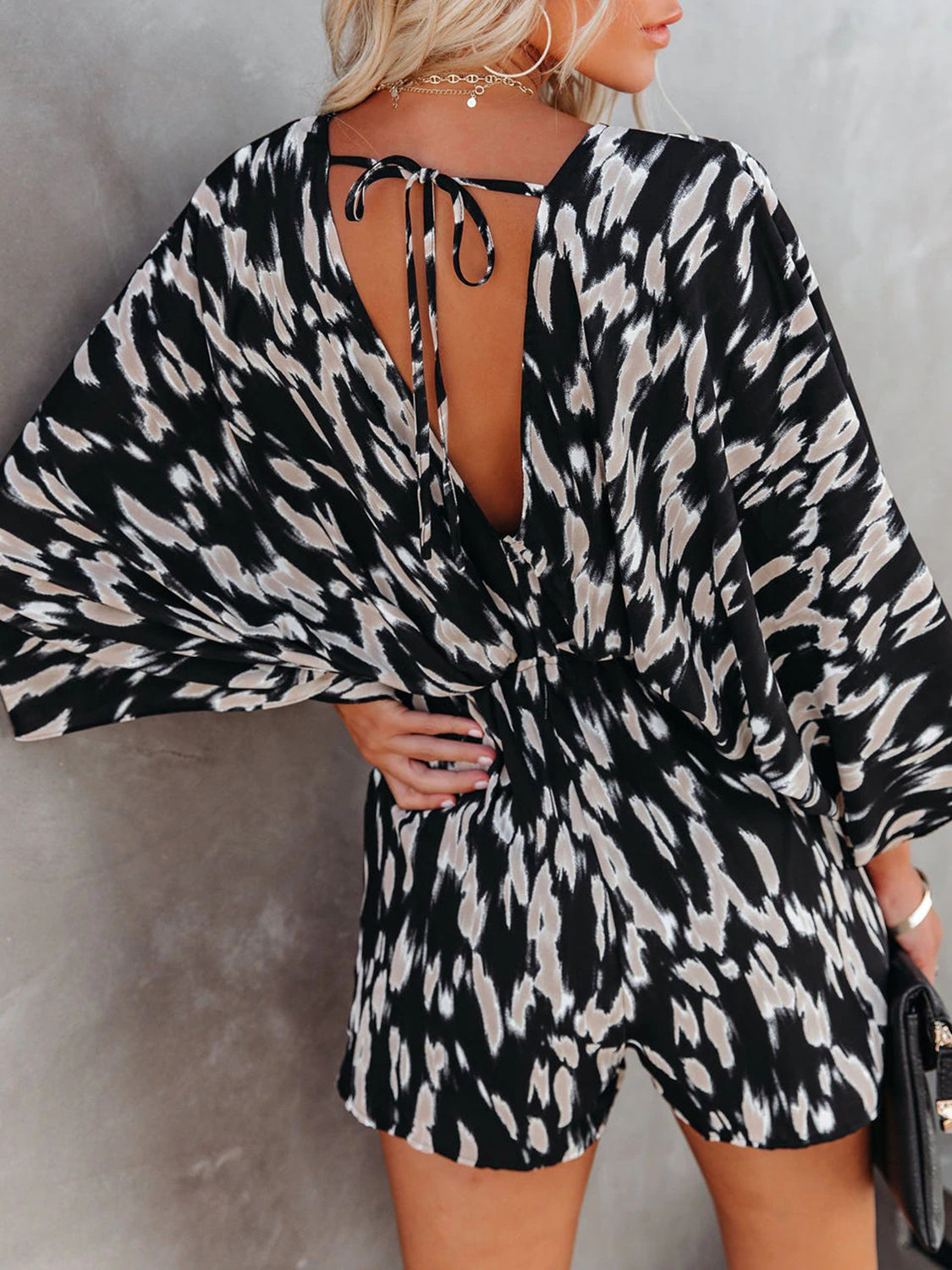 Tied Printed Kimono Sleeve Romper - AllIn Computer