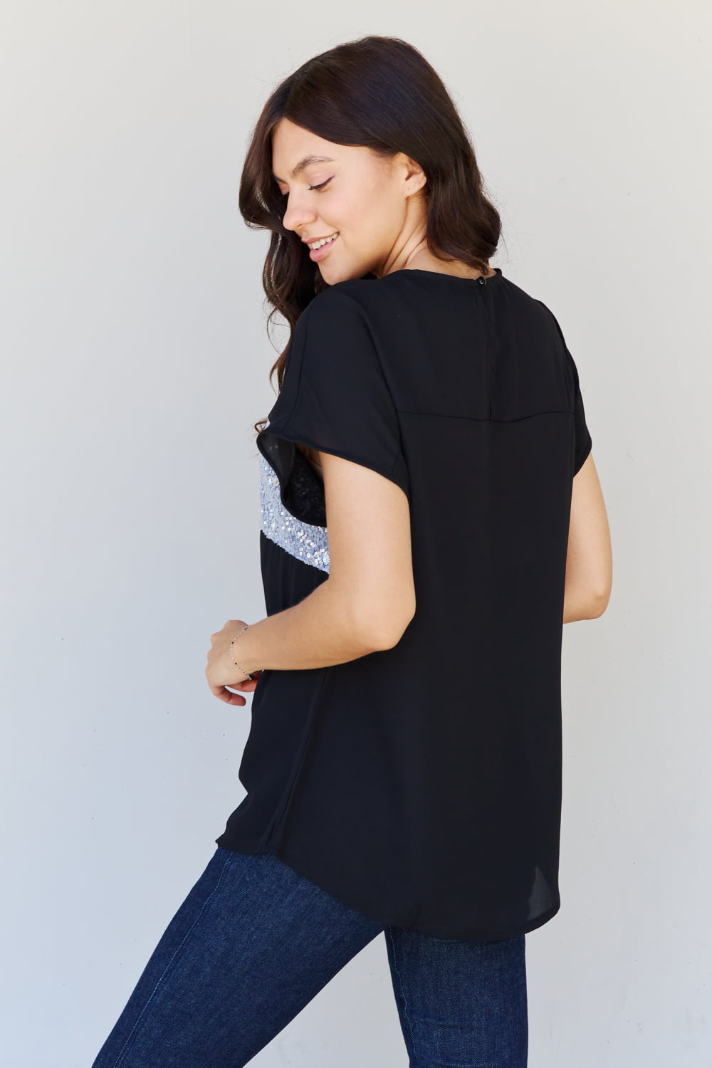 Sew In Love Shine Bright Full Size Center Mesh Sequin Top in Black/Silver - AllIn Computer