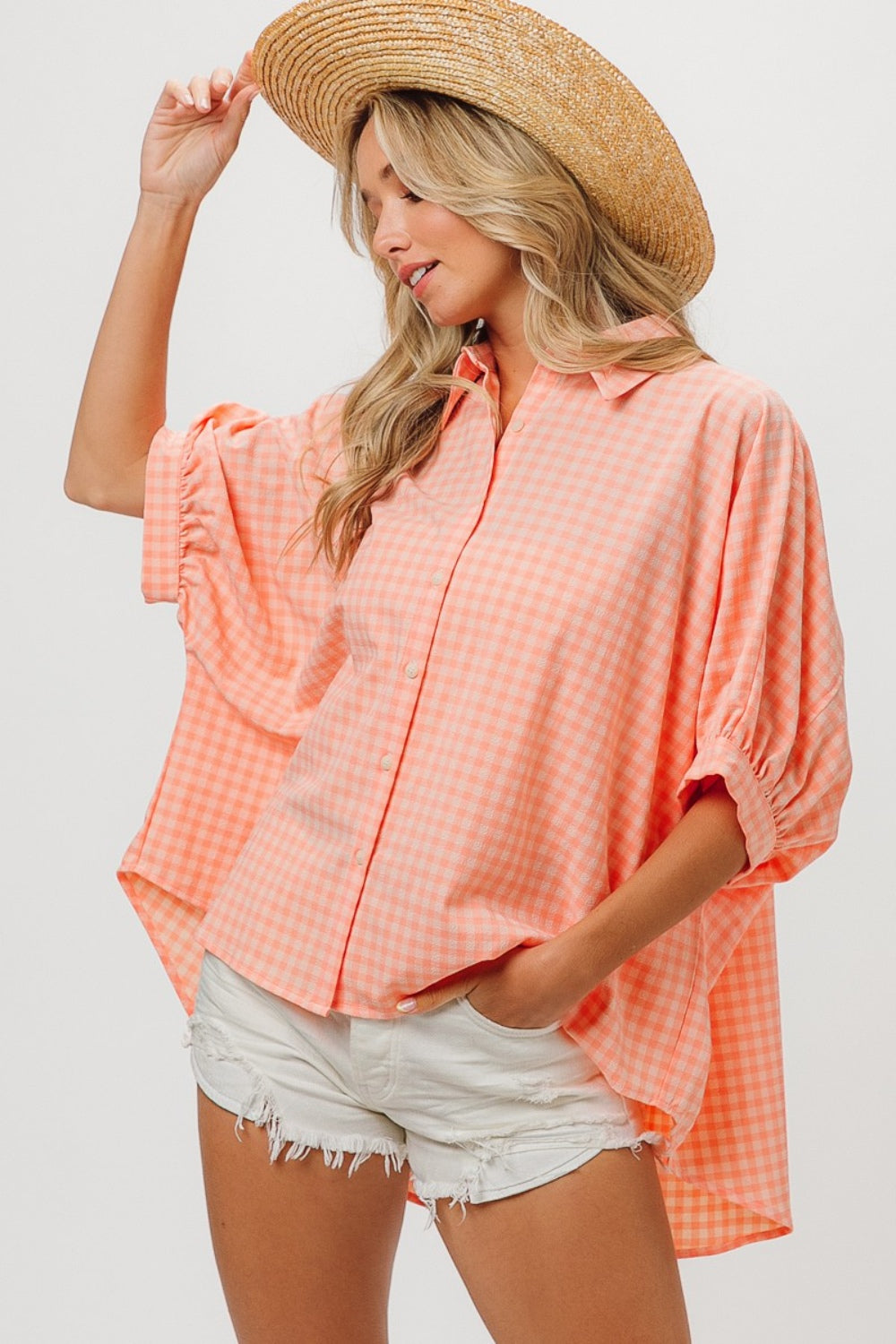 BiBi Plaid Button Up Dolman Sleeve Shirt - AllIn Computer