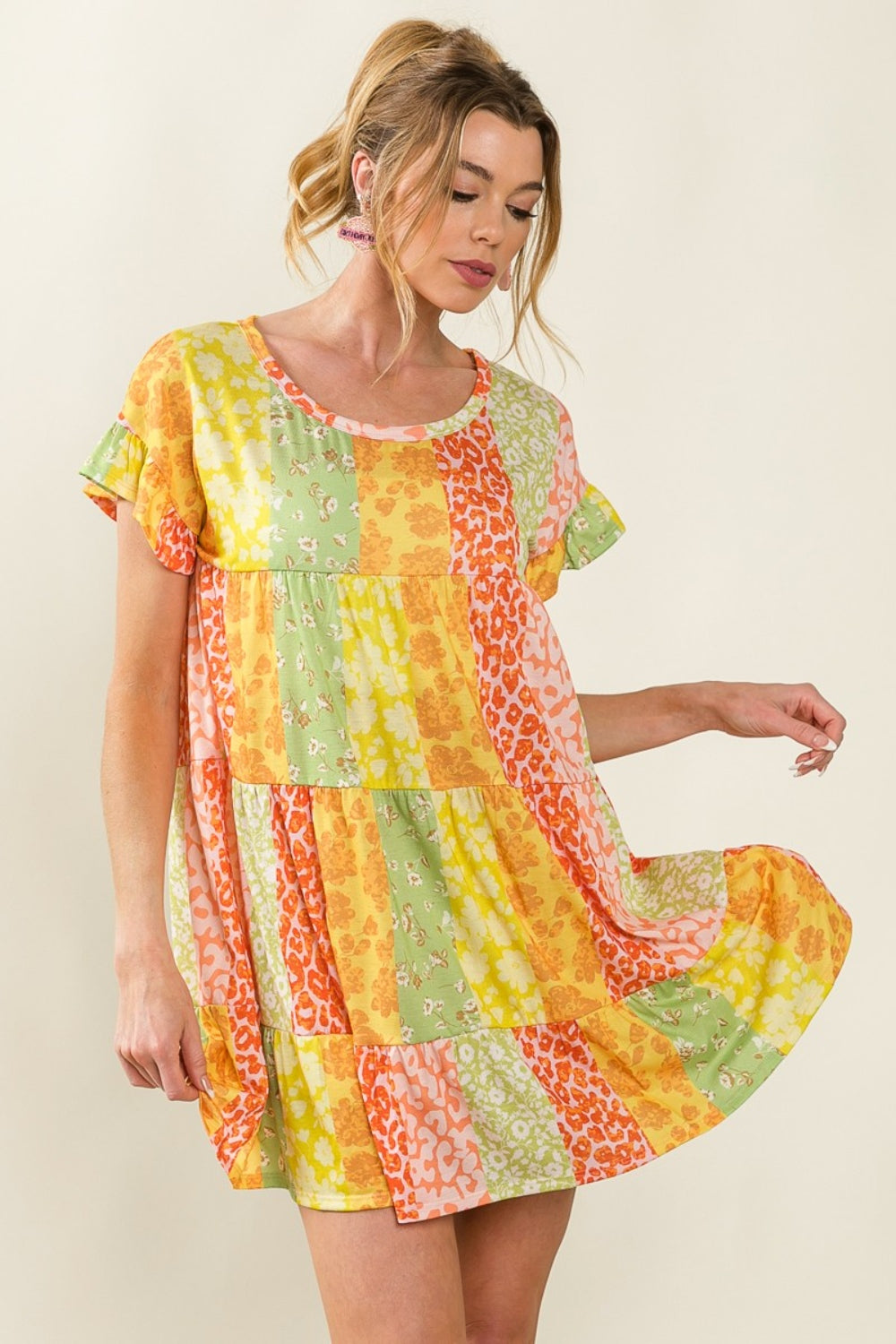 BiBi Leopard Short Sleeve Tiered Dress - AllIn Computer