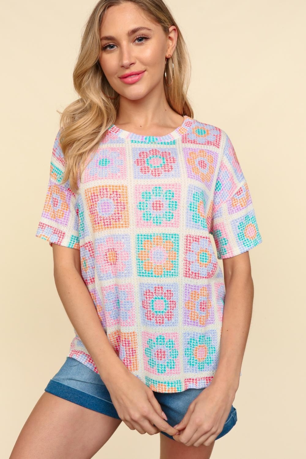 Haptics Flower Print Round Neck Short Sleeve T-Shirt - AllIn Computer