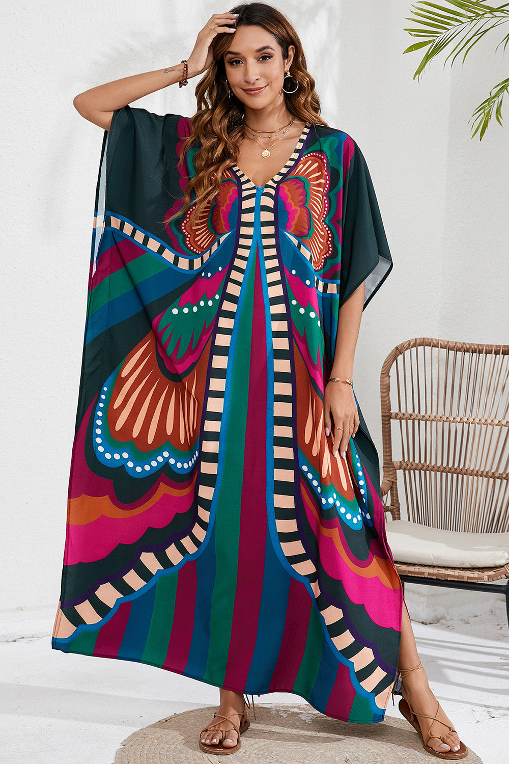 Slit Printed V-Neck Short Sleeve Cover Up - AllIn Computer