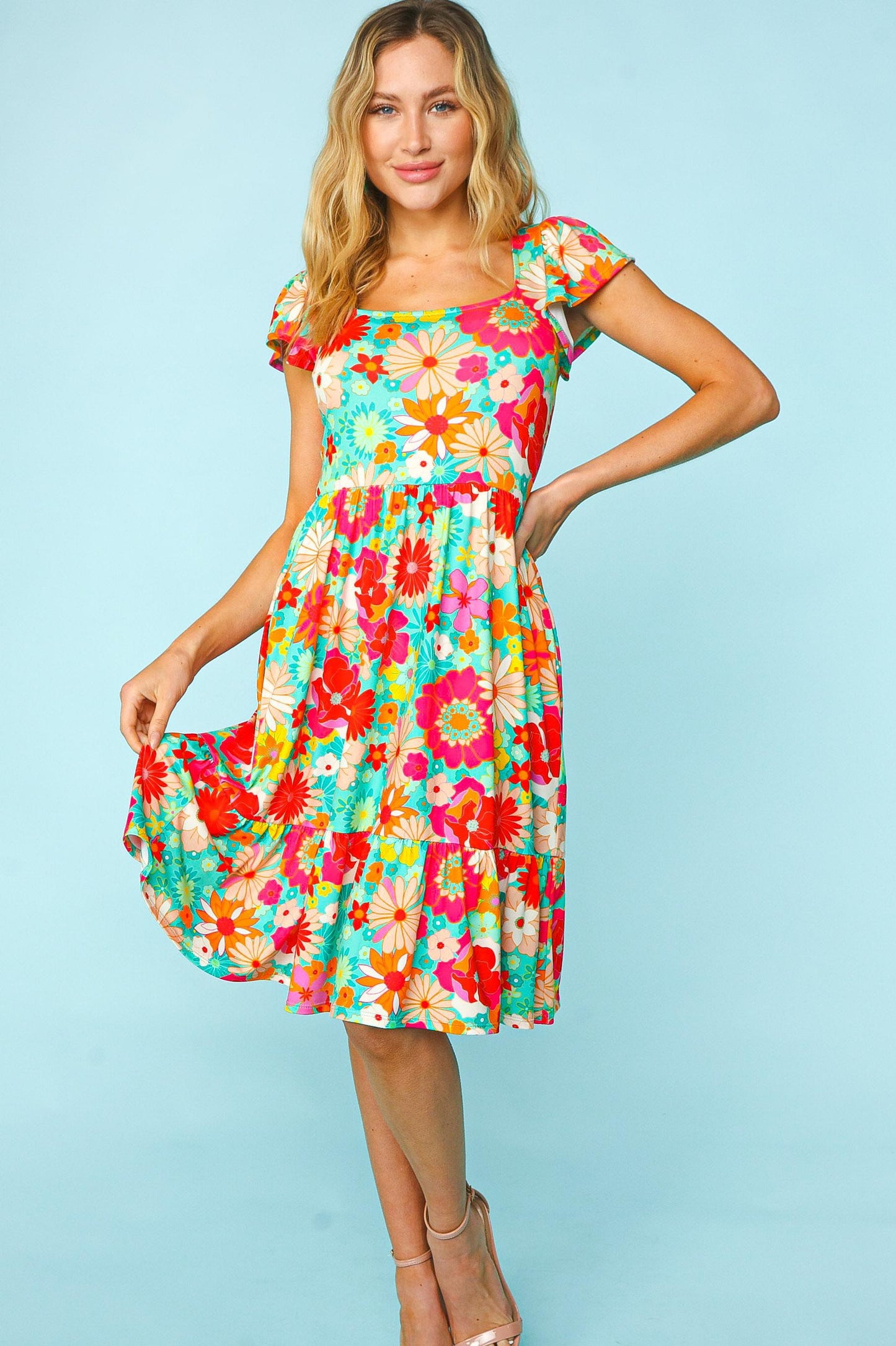 Haptics Floral Square Neck Short Sleeve Dress - AllIn Computer
