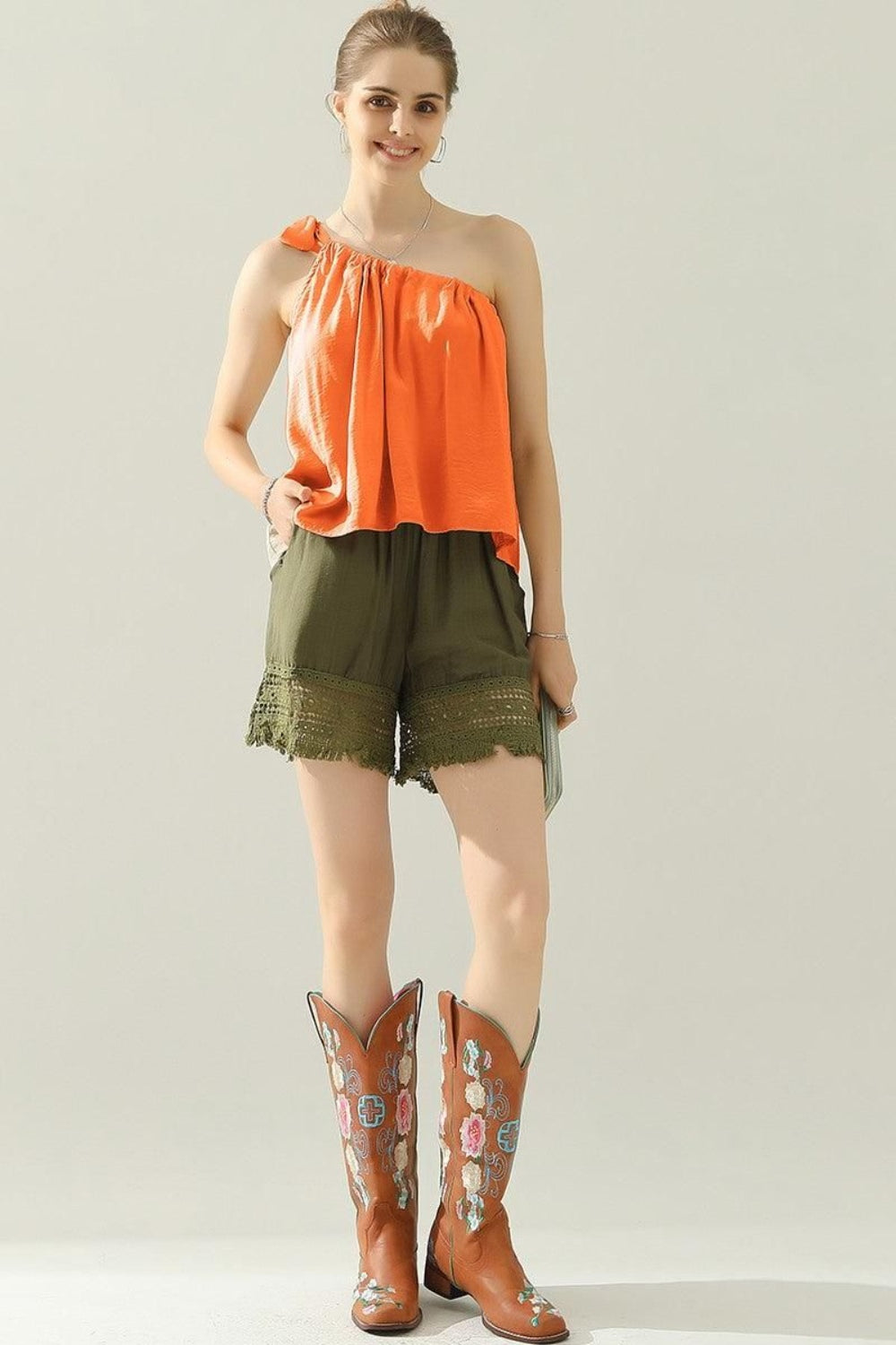 Ninexis One Shoulder Bow Tie Strap Satin Silk Top - AllIn Computer