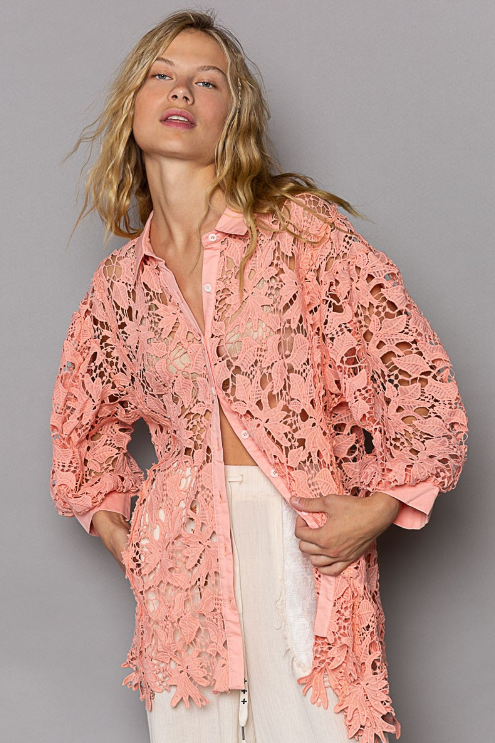POL Collared Neck Button Up Lace Shirt - AllIn Computer
