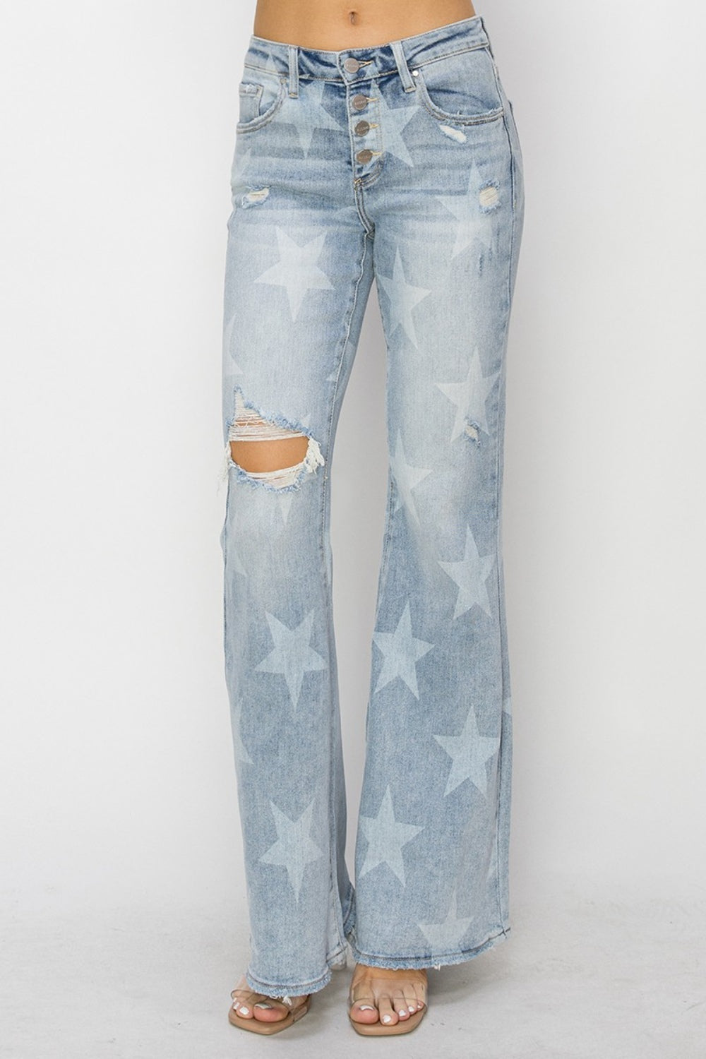 RISEN Mid-Rise Button Fly Star Print Flare Jeans - AllIn Computer