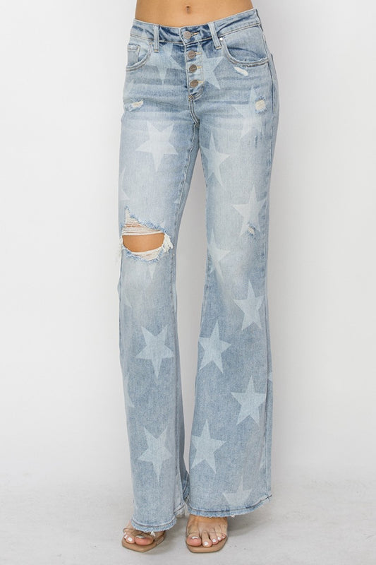RISEN Mid-Rise Button Fly Star Print Flare Jeans - AllIn Computer