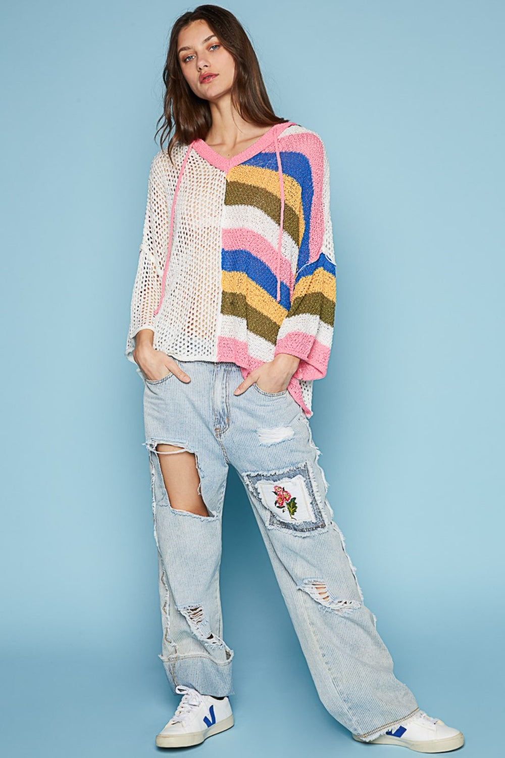POL Openwork Drawstring Color Block Hooded Knit Top - AllIn Computer