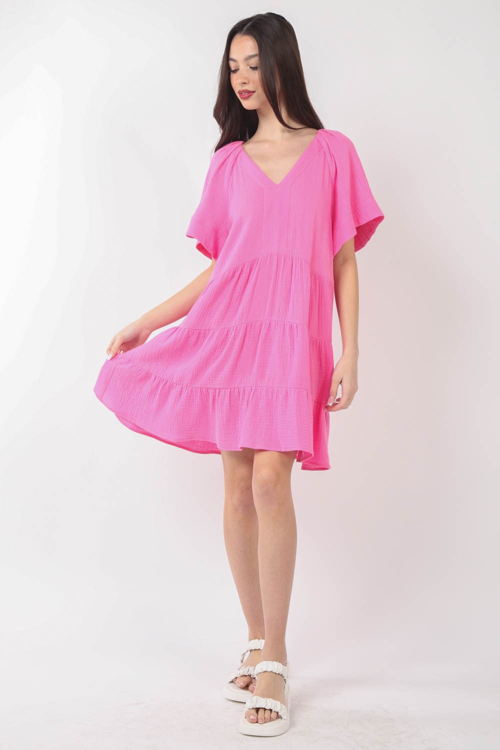 VERY J Texture V-Neck Ruffled Tiered Dress - AllIn Computer