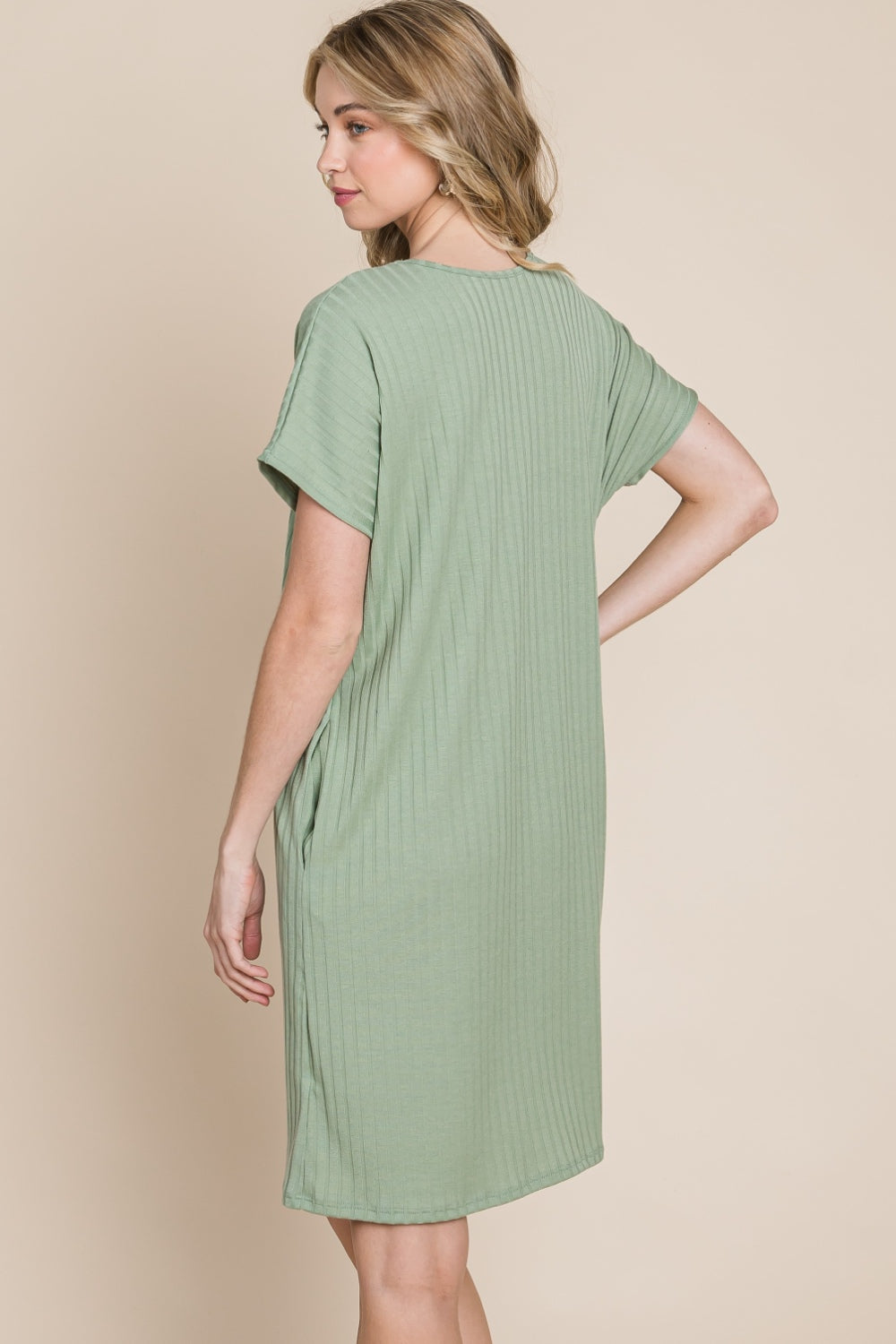 BOMBOM Ribbed Round Neck Short Sleeve Dress - AllIn Computer